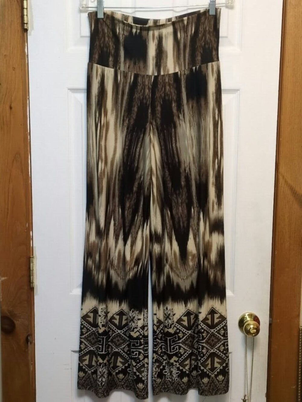 Jon & Anna Boho Abstract Wide Leg Palazzo Pants Brown Black Knit Size L Silky